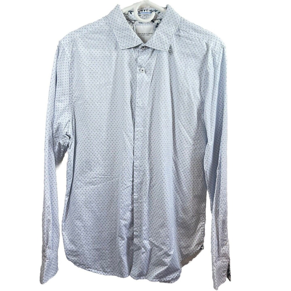 Denim & Flower Ricky Singh Mens L Blue Geometric Floral Contrast‎ Preppy Dapper